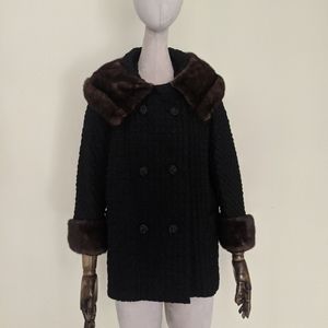 Vintage mink collar waffle coat black S